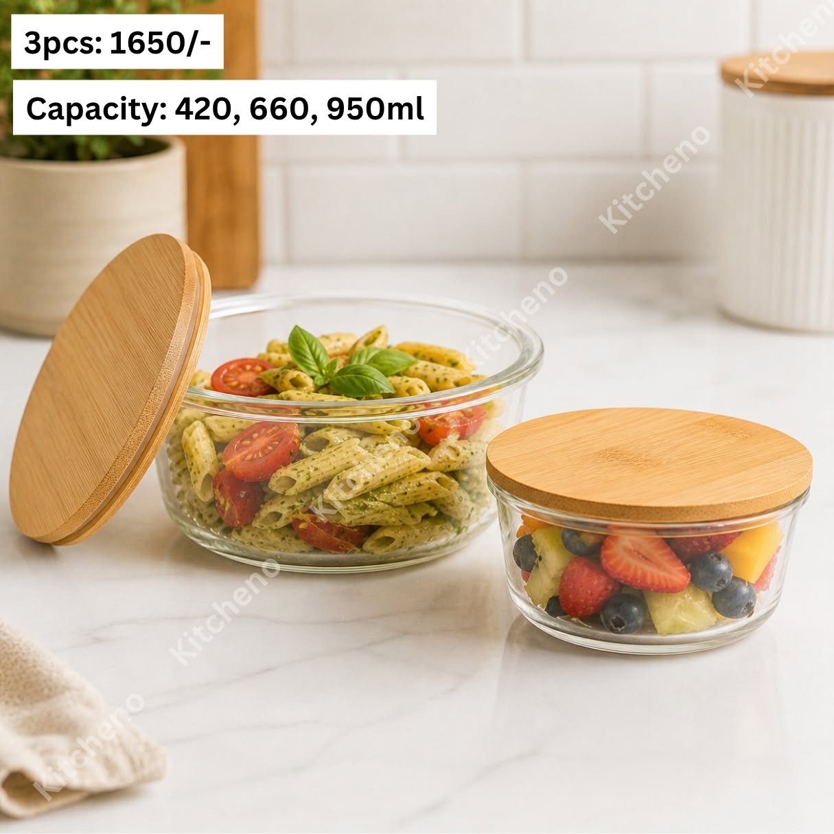 Round 3 Pcs Imported Glass Food Storage Bowl Set with Bamboo Lid