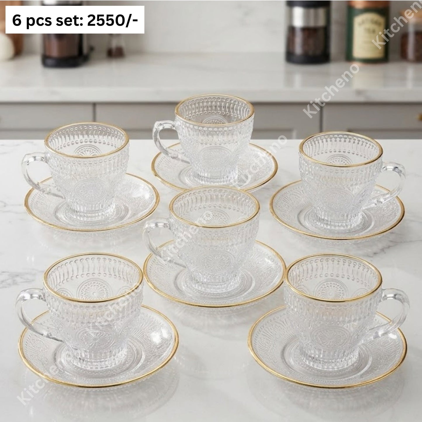 Golden Rimmed 6 Pcs Imported Transparent Tea Cup Set with Saucer