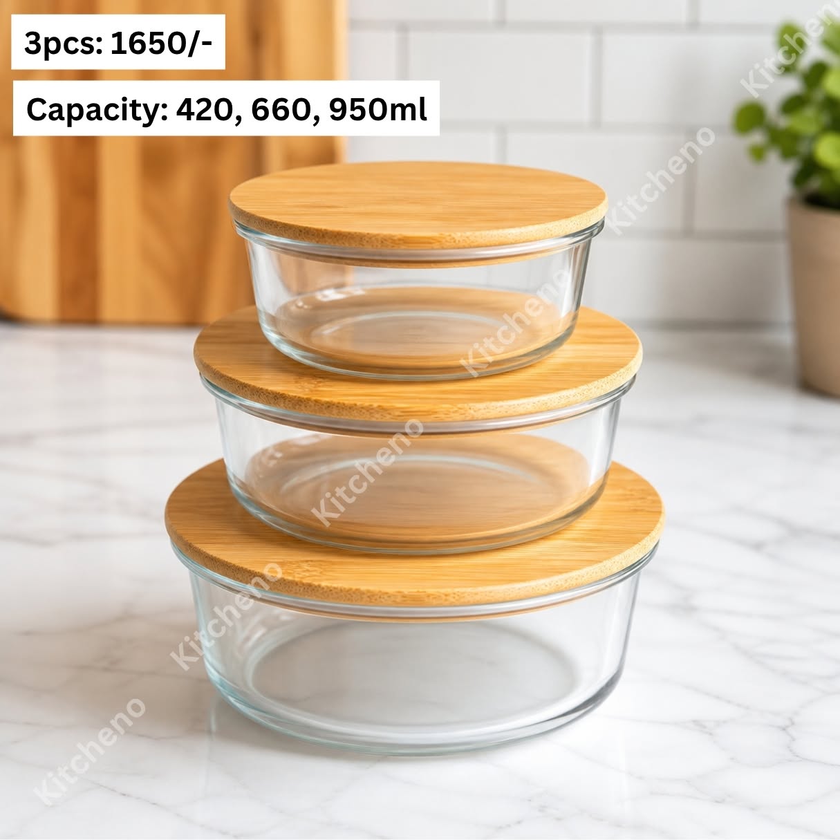 Borosilicate Oven & Heat Proof 3 Pcs Food Storage Glass Bowl Set with Bamboo Wooden Lid