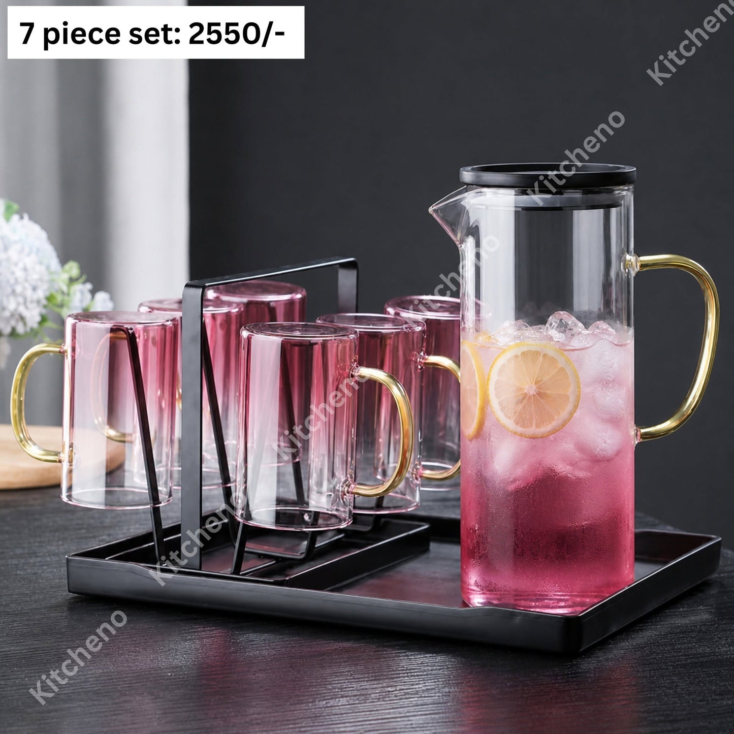 Colourful Borosilicate Heat Resistant Transparent Water Jug Set 7 Pcs