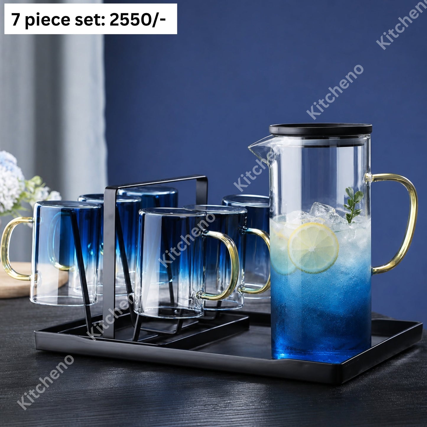 Colourful Borosilicate Heat Resistant Transparent Water Jug Set 7 Pcs