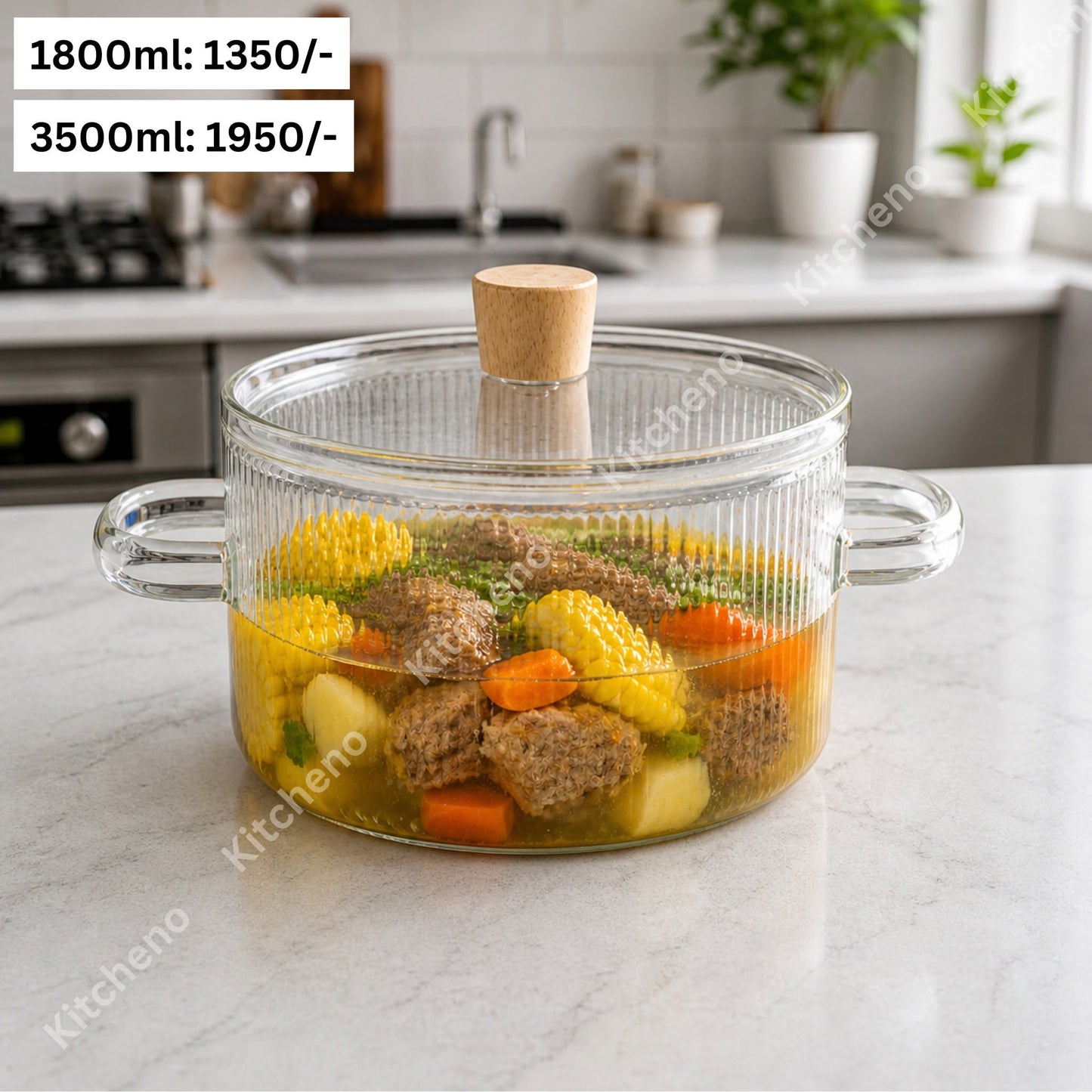Borosilicate Heat & Fire Proof Glass Casserole Pot – Striped Design