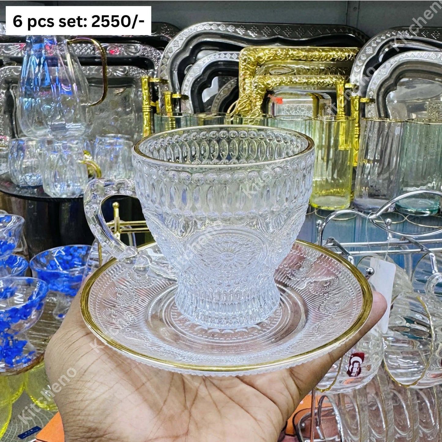 Golden Rimmed 6 Pcs Imported Transparent Tea Cup Set with Saucer
