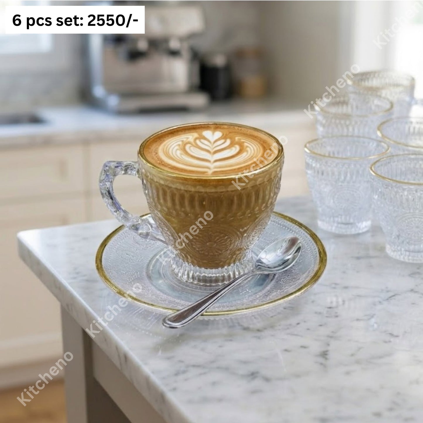 Golden Rimmed 6 Pcs Imported Transparent Tea Cup Set with Saucer