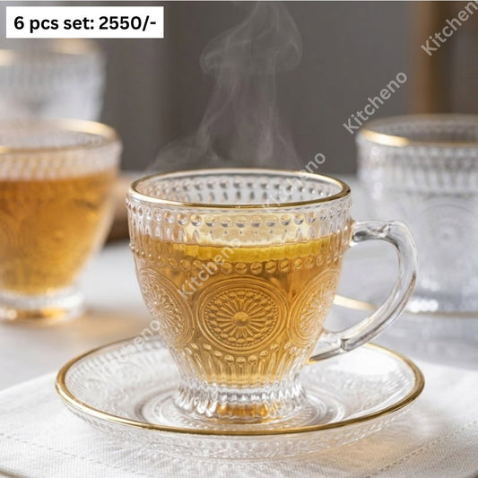 Golden Rimmed 6 Pcs Imported Transparent Tea Cup Set with Saucer