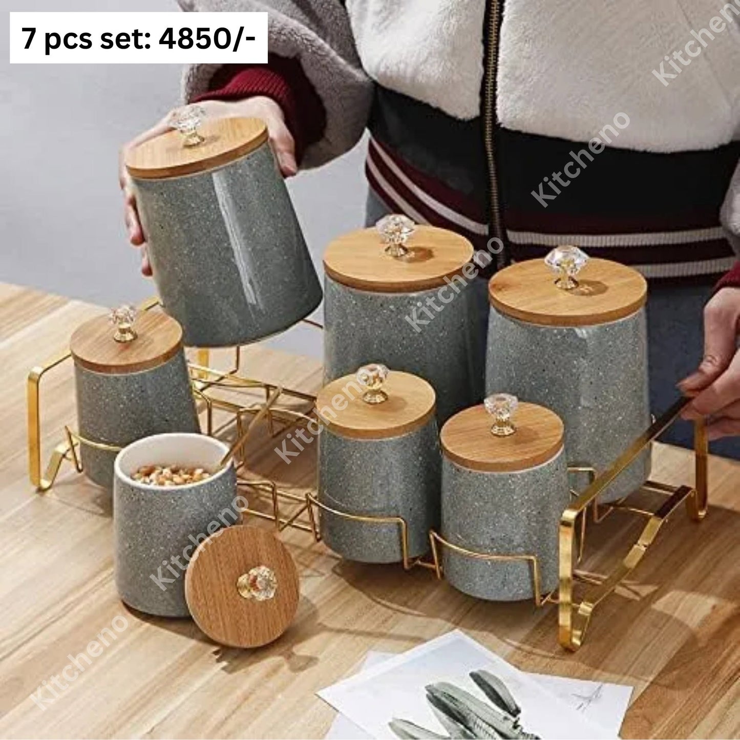 Premium Quality Ceramic 7 Pcs Tea Coffee Sugar Spice Jar Set with