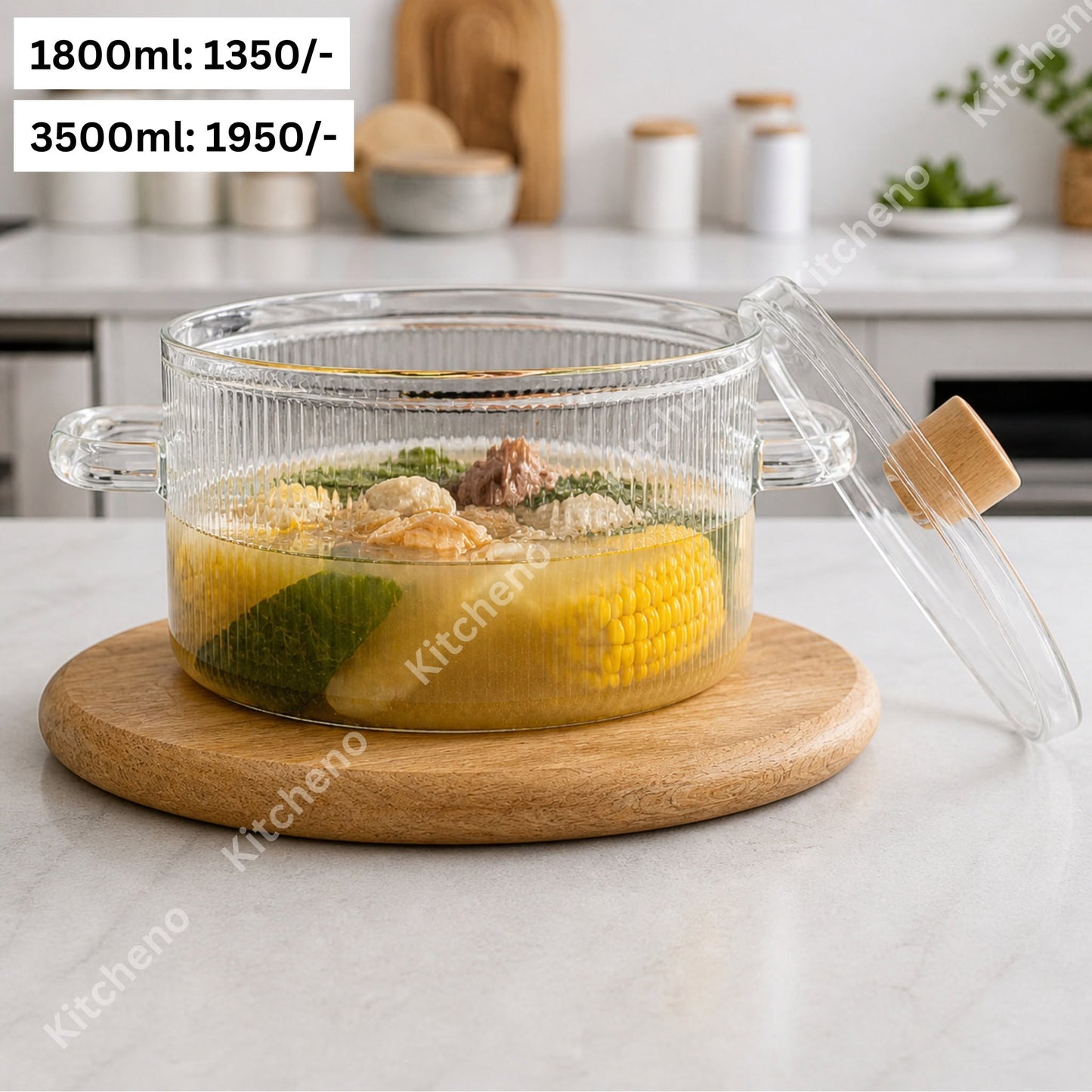 Borosilicate Heat & Fire Proof Glass Casserole Pot – Striped Design