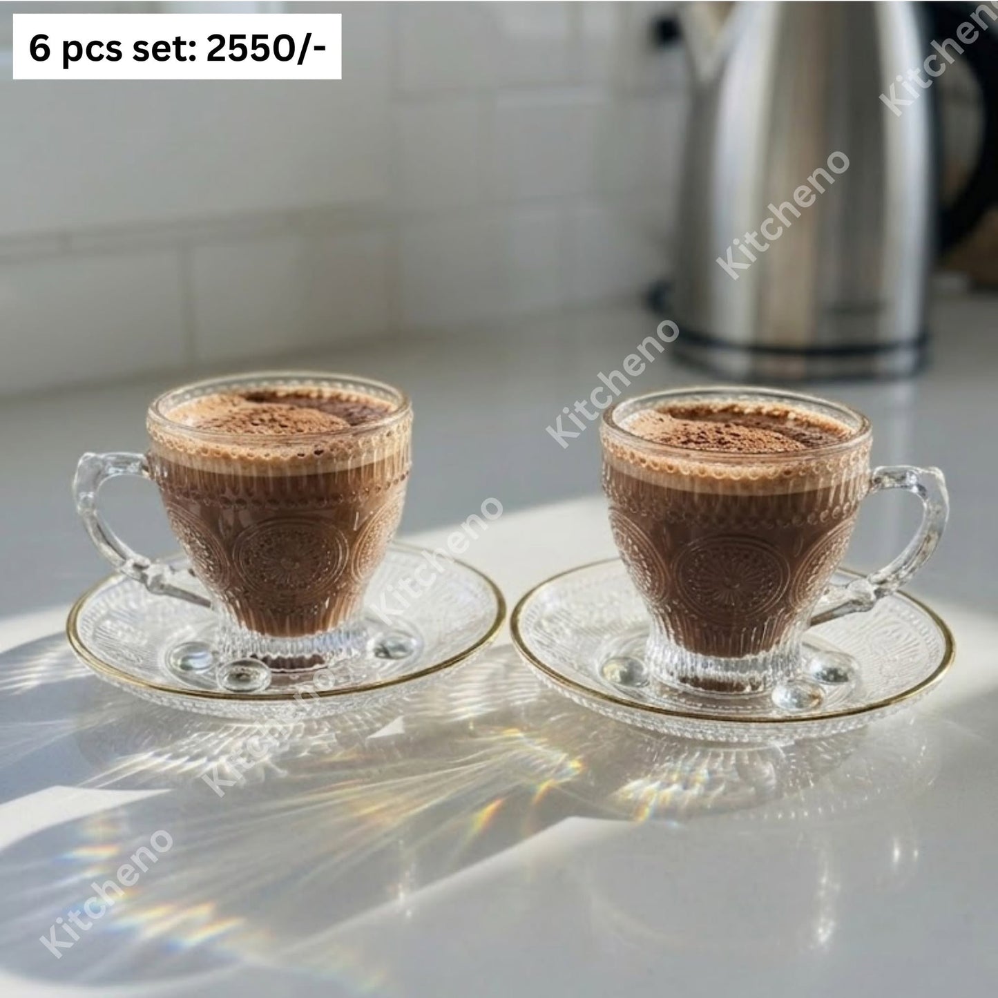 Golden Rimmed 6 Pcs Imported Transparent Tea Cup Set with Saucer
