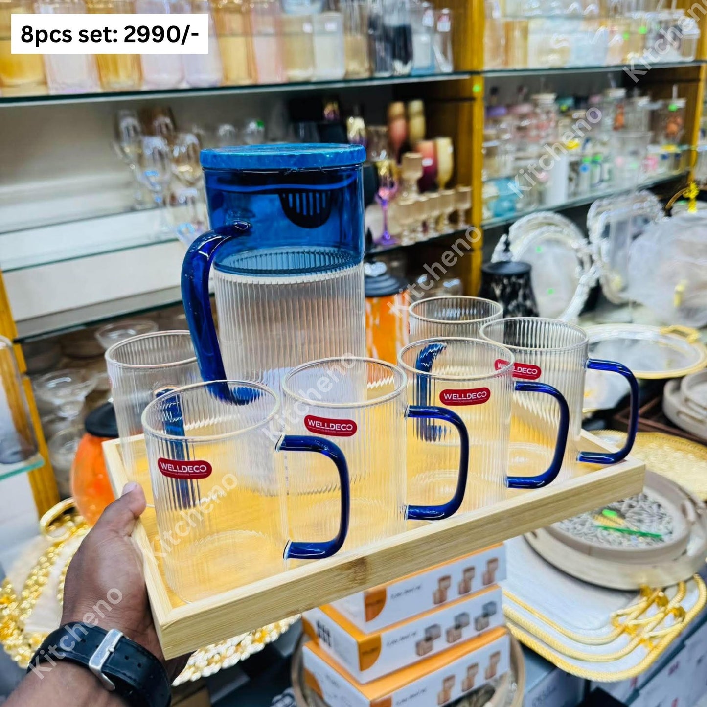 Jug & 6 Pcs Mug Set with Wooden Tray