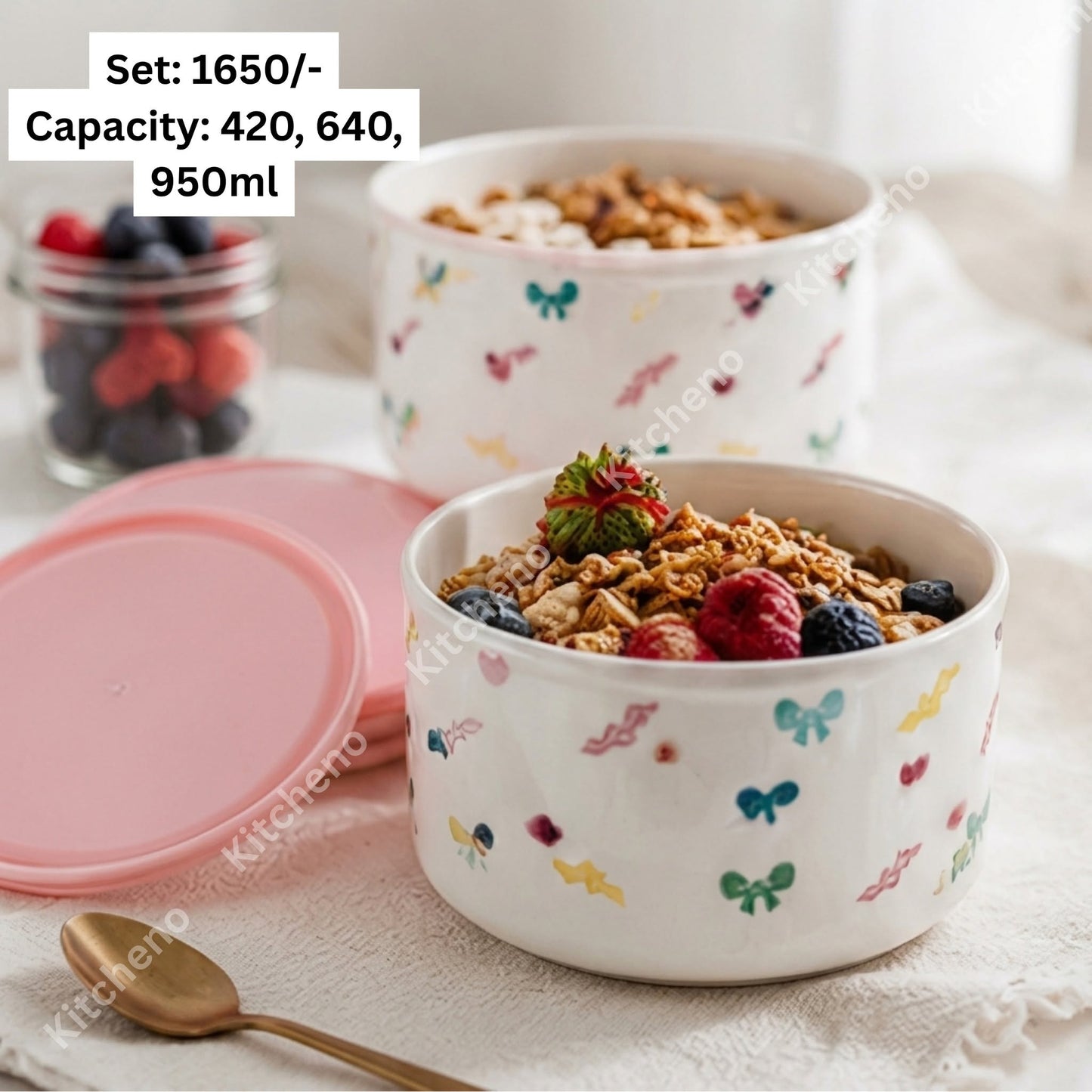Imported High Quality Ceramic 3 Pcs Deep Bowl Set with Plastic Lid
