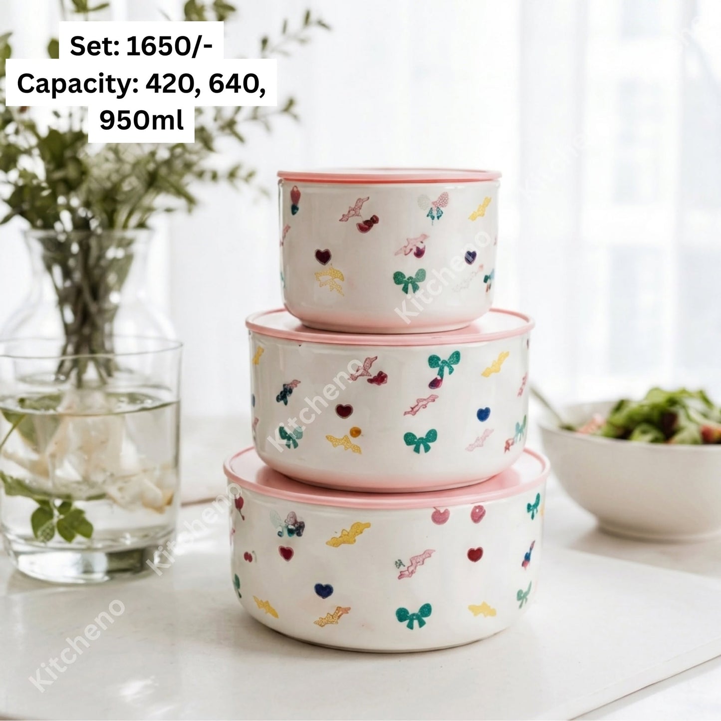 Imported High Quality Ceramic 3 Pcs Deep Bowl Set with Plastic Lid