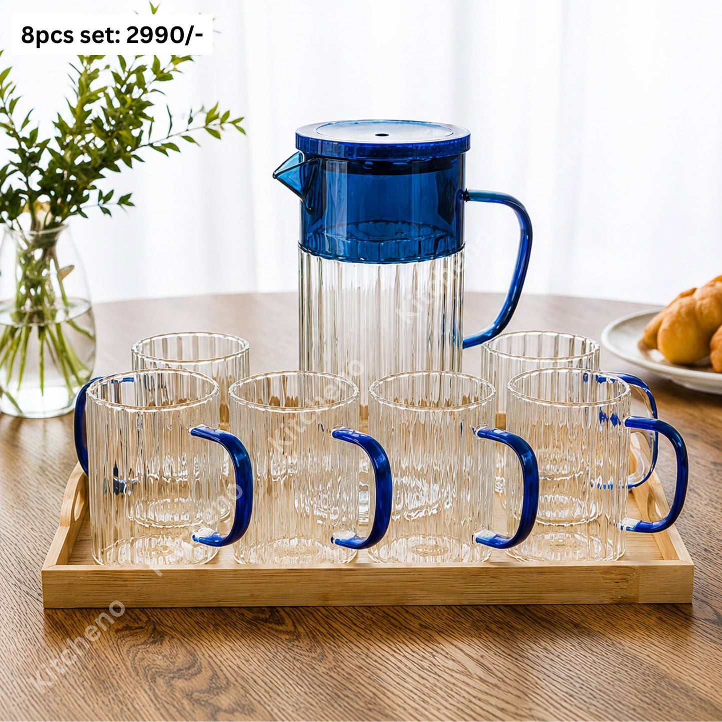 Jug & 6 Pcs Mug Set with Wooden Tray