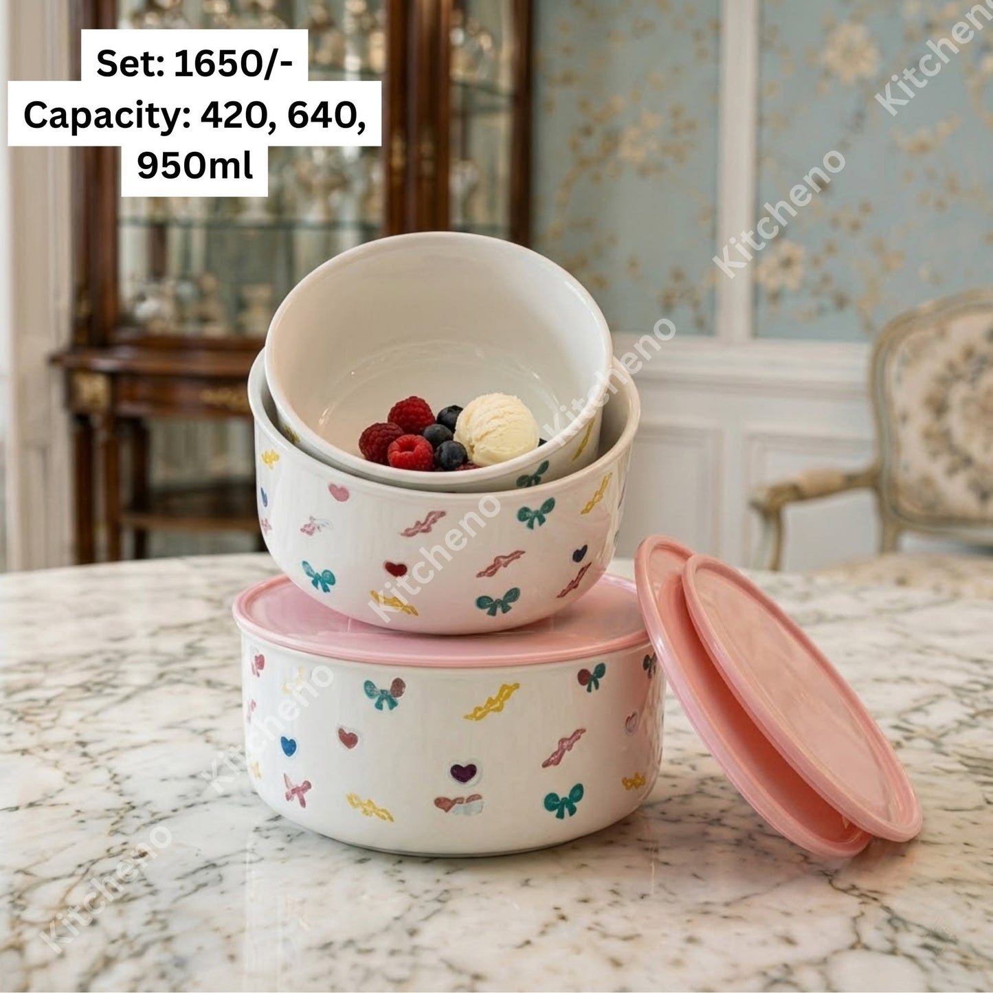 Imported High Quality Ceramic 3 Pcs Deep Bowl Set with Plastic Lid