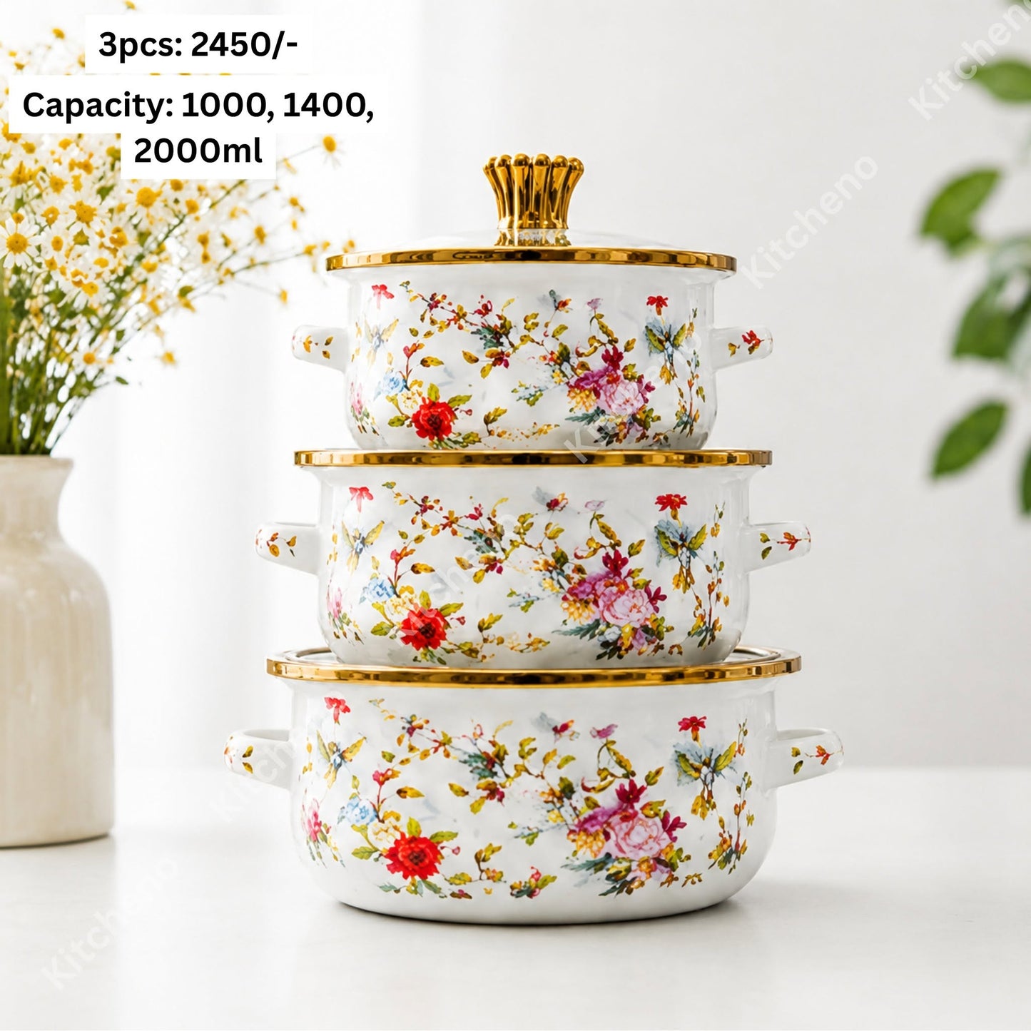 Enamel Floral Printed Imported 3 Pcs Casserole Pot Set with Glass Lid