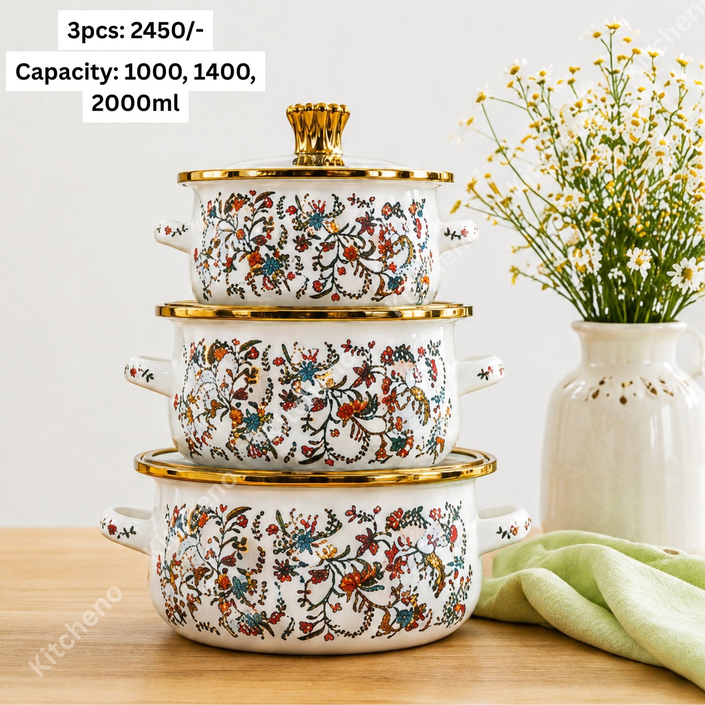 Enamel Floral Printed Imported 3 Pcs Casserole Pot Set with Glass Lid