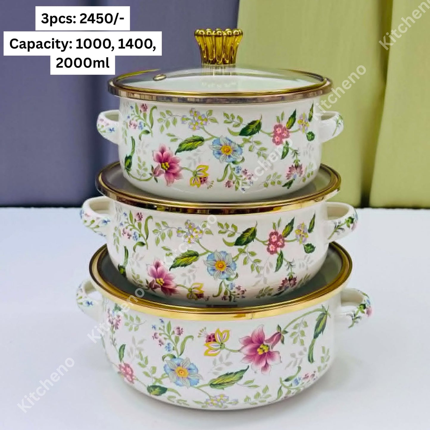Enamel Floral Printed Imported 3 Pcs Casserole Pot Set with Glass Lid