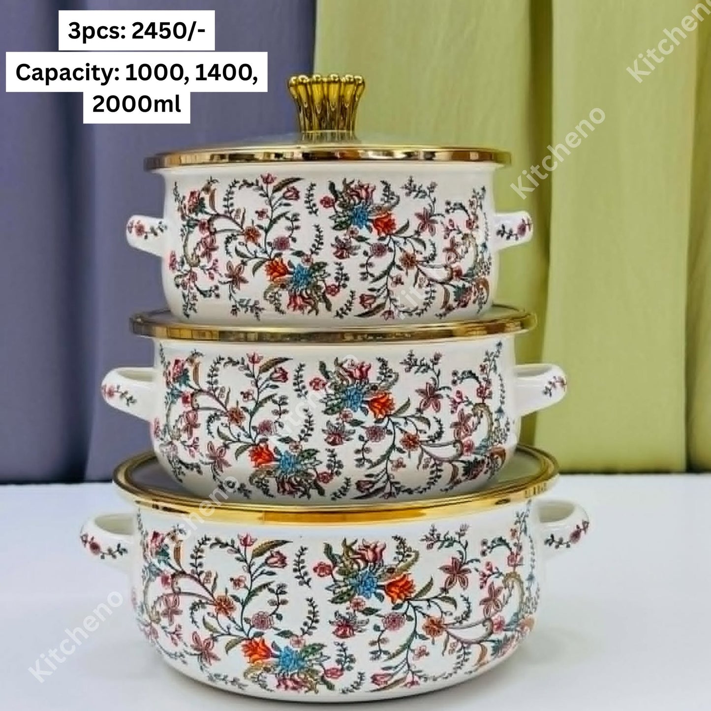 Enamel Floral Printed Imported 3 Pcs Casserole Pot Set with Glass Lid