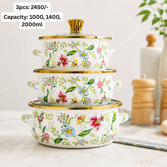 Enamel Floral Printed Imported 3 Pcs Casserole Pot Set with Glass Lid