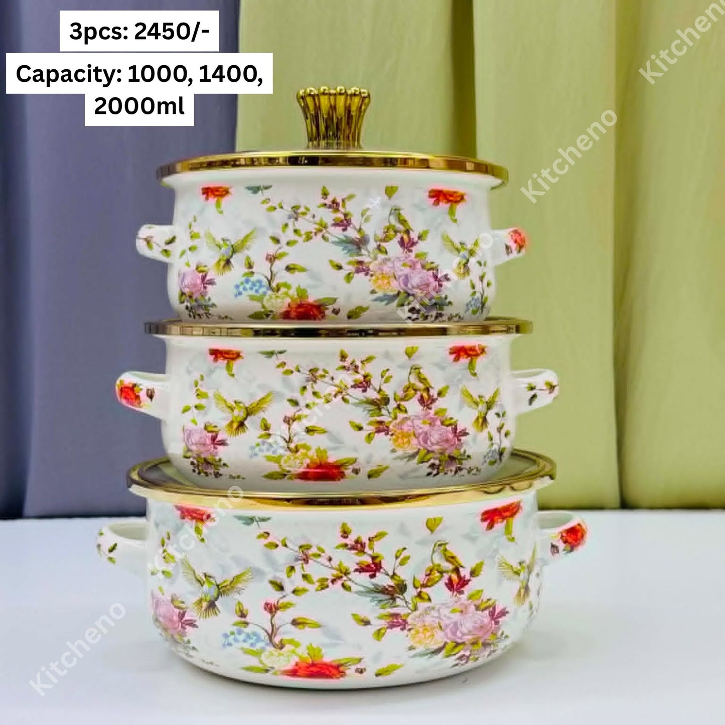 Enamel Floral Printed Imported 3 Pcs Casserole Pot Set with Glass Lid