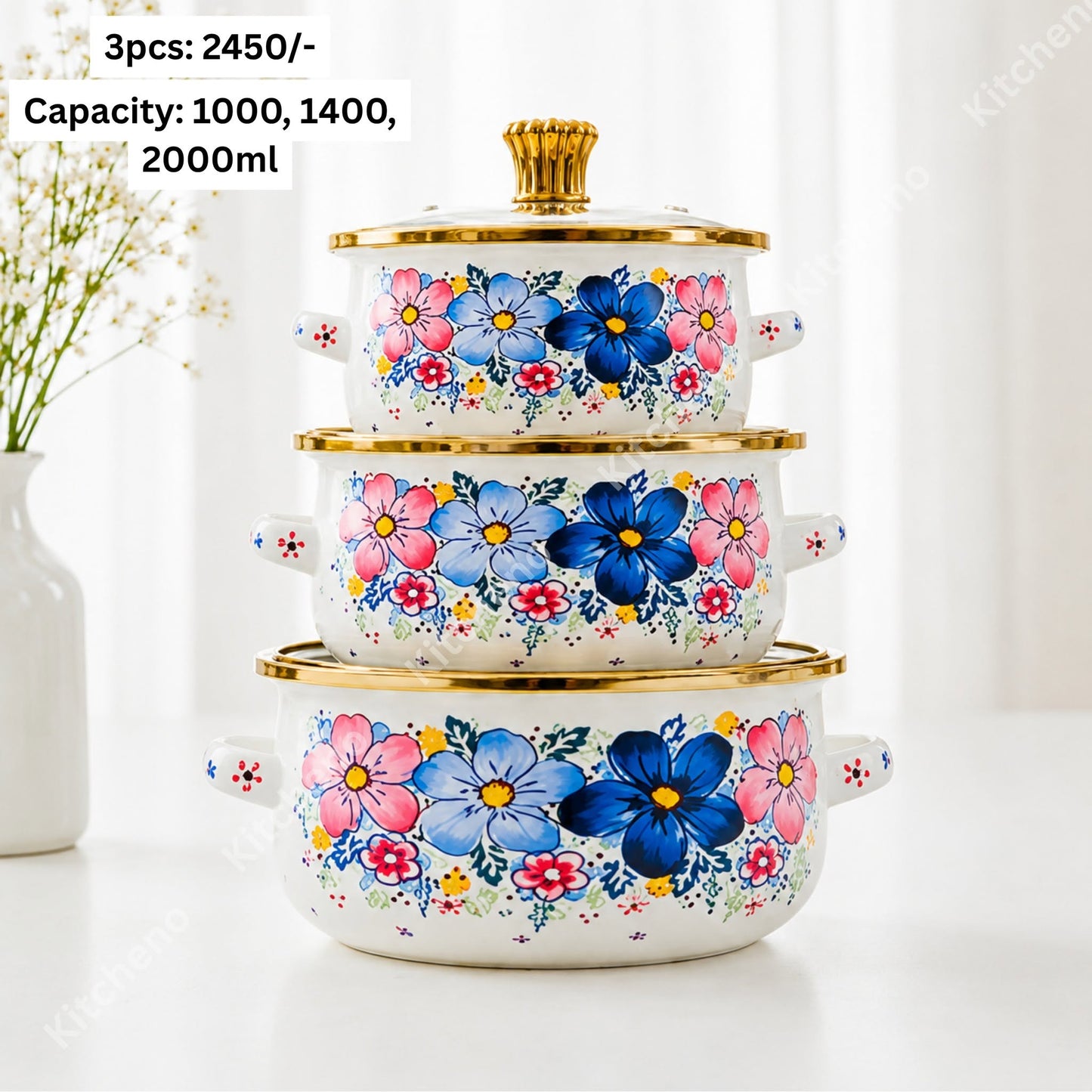 Enamel Floral Printed Imported 3 Pcs Casserole Pot Set with Glass Lid