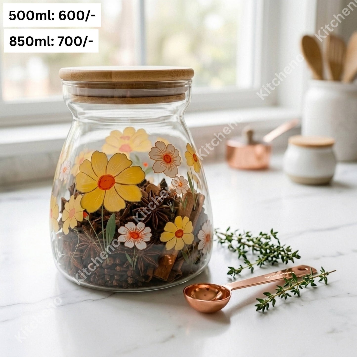 Flower Paint Glass Storage Jar with Wooden Lid