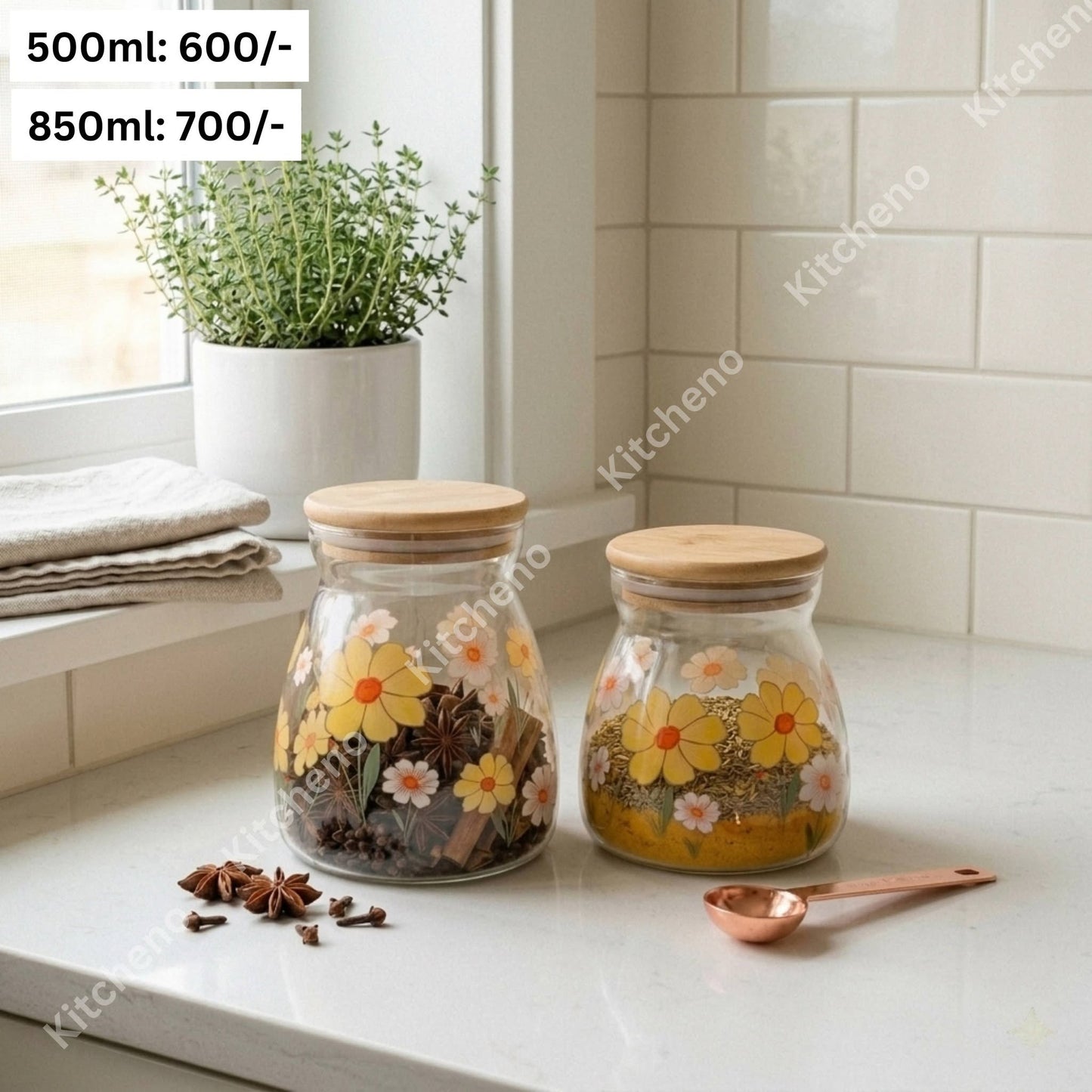 Flower Paint Glass Storage Jar with Wooden Lid