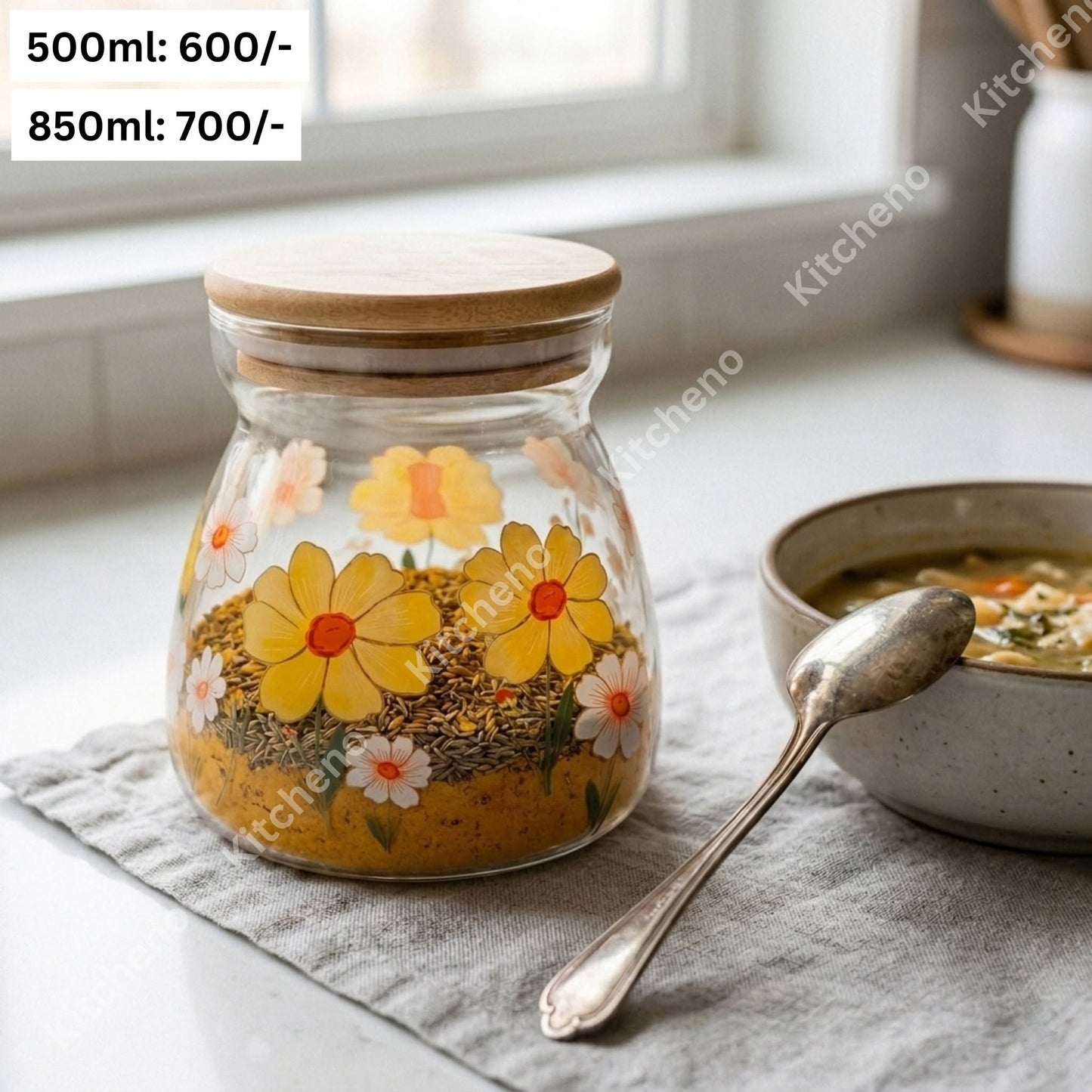 Flower Paint Glass Storage Jar with Wooden Lid