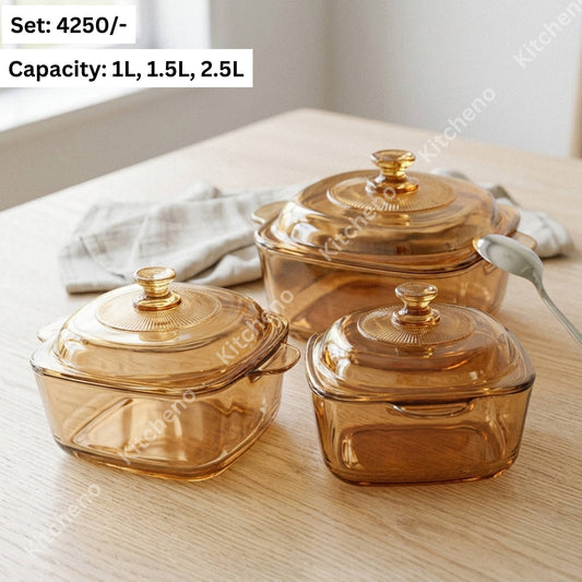 Amber Glass Food Storage Bowl 3 Pcs Set