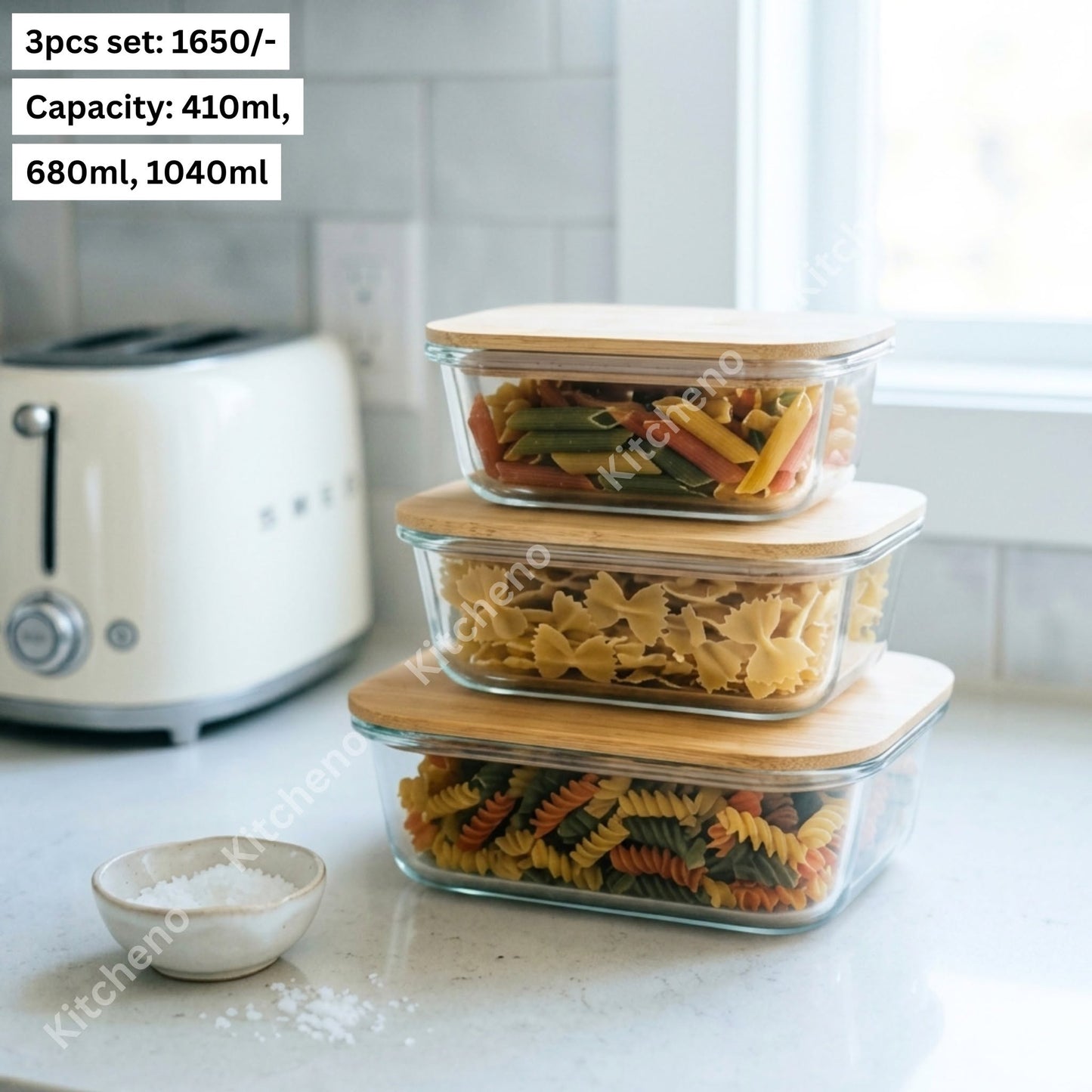 Round 3 Pcs Imported Glass Food Storage Bowl Set with Bamboo Lid