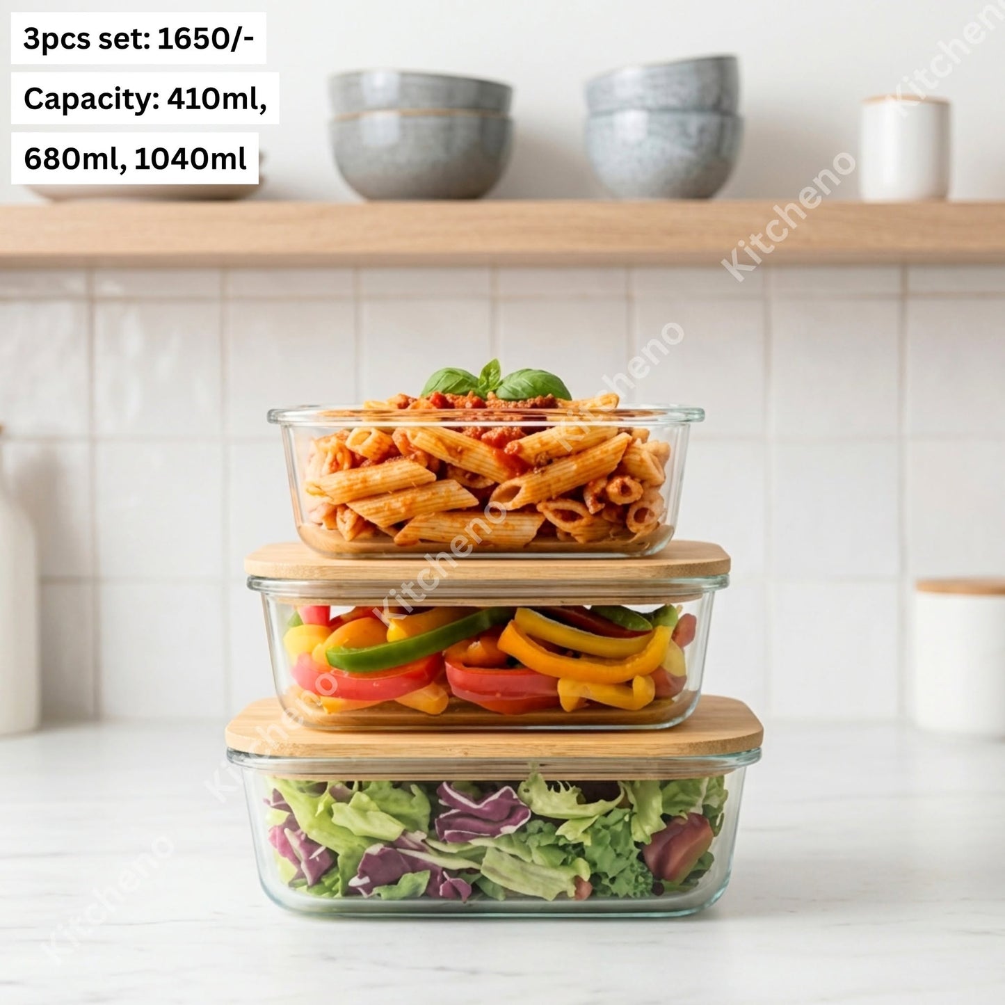 Borosilicate Oven & Heat Proof 3 Pcs Food Storage Glass Bowl Set with Bamboo Wooden Lid