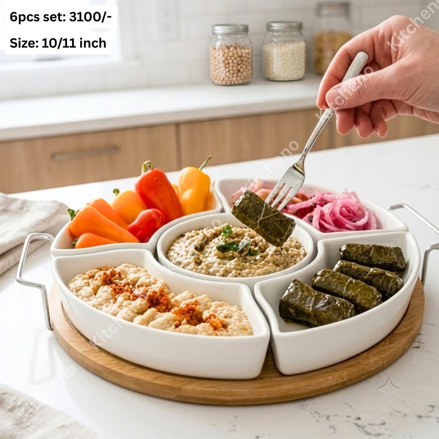 Ceramic Divided Serving Dish Set with Bamboo Tray