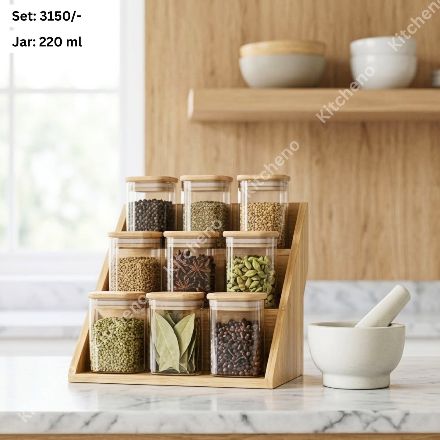 Tempered Glass Spice Jar Set with Bamboo Wooden Lid