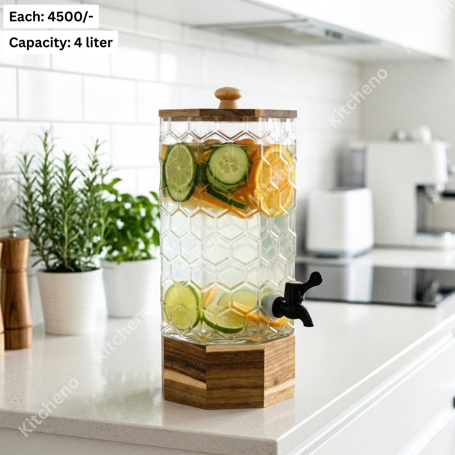 Honeycomb Glass Beverage Dispenser with Wooden Lid & Faucet Tap