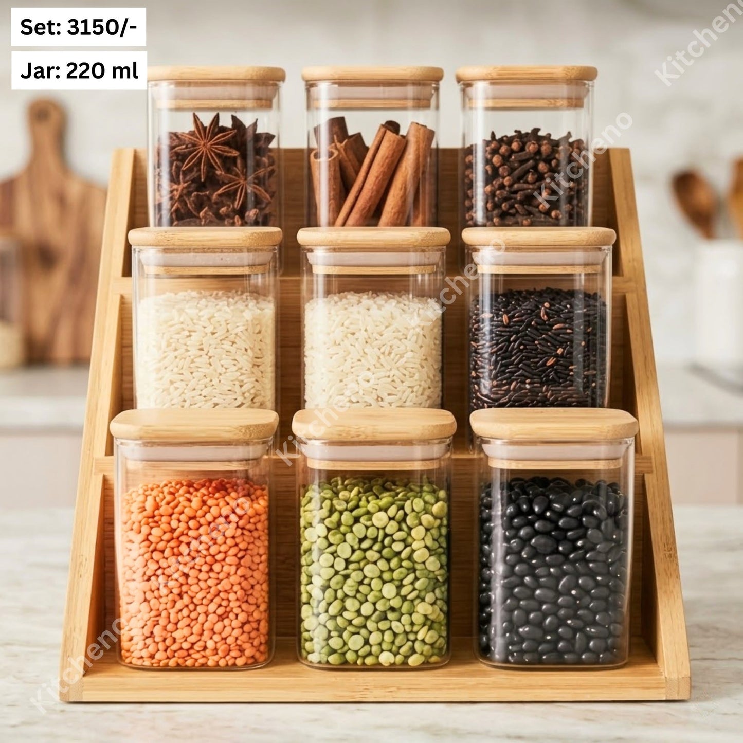 Tempered Glass Spice Jar Set with Bamboo Wooden Lid