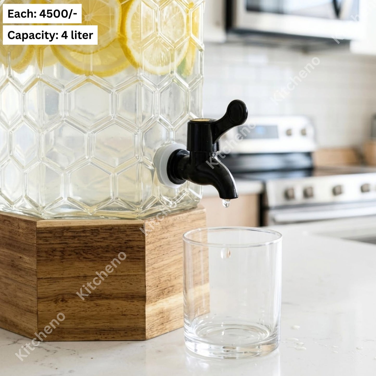 Honeycomb Glass Beverage Dispenser with Wooden Lid & Faucet Tap