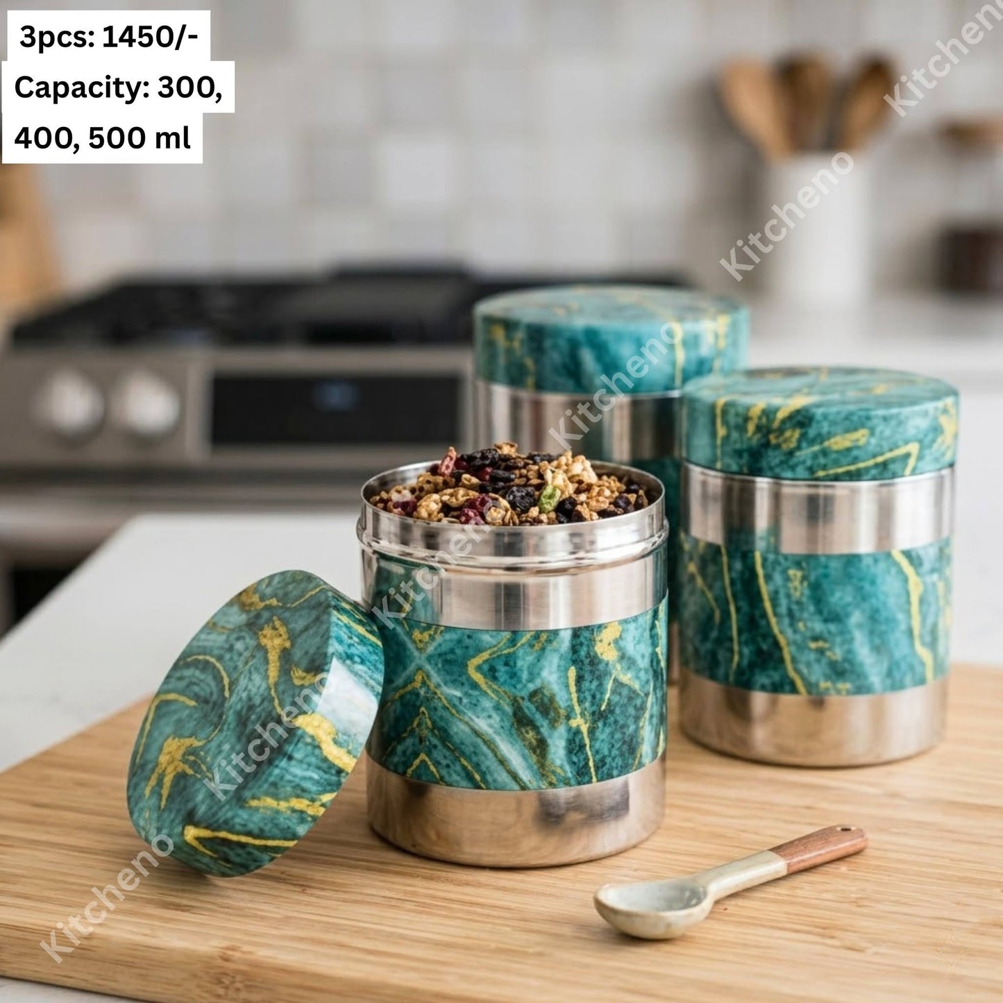 Stainless Steel 3 Pcs Printed Jar Set