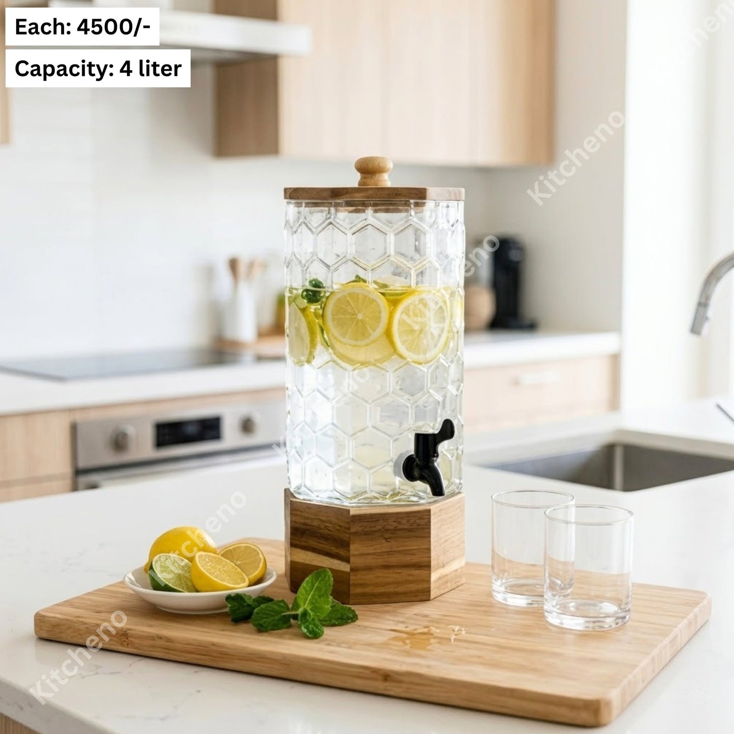 Honeycomb Glass Beverage Dispenser with Wooden Lid & Faucet Tap