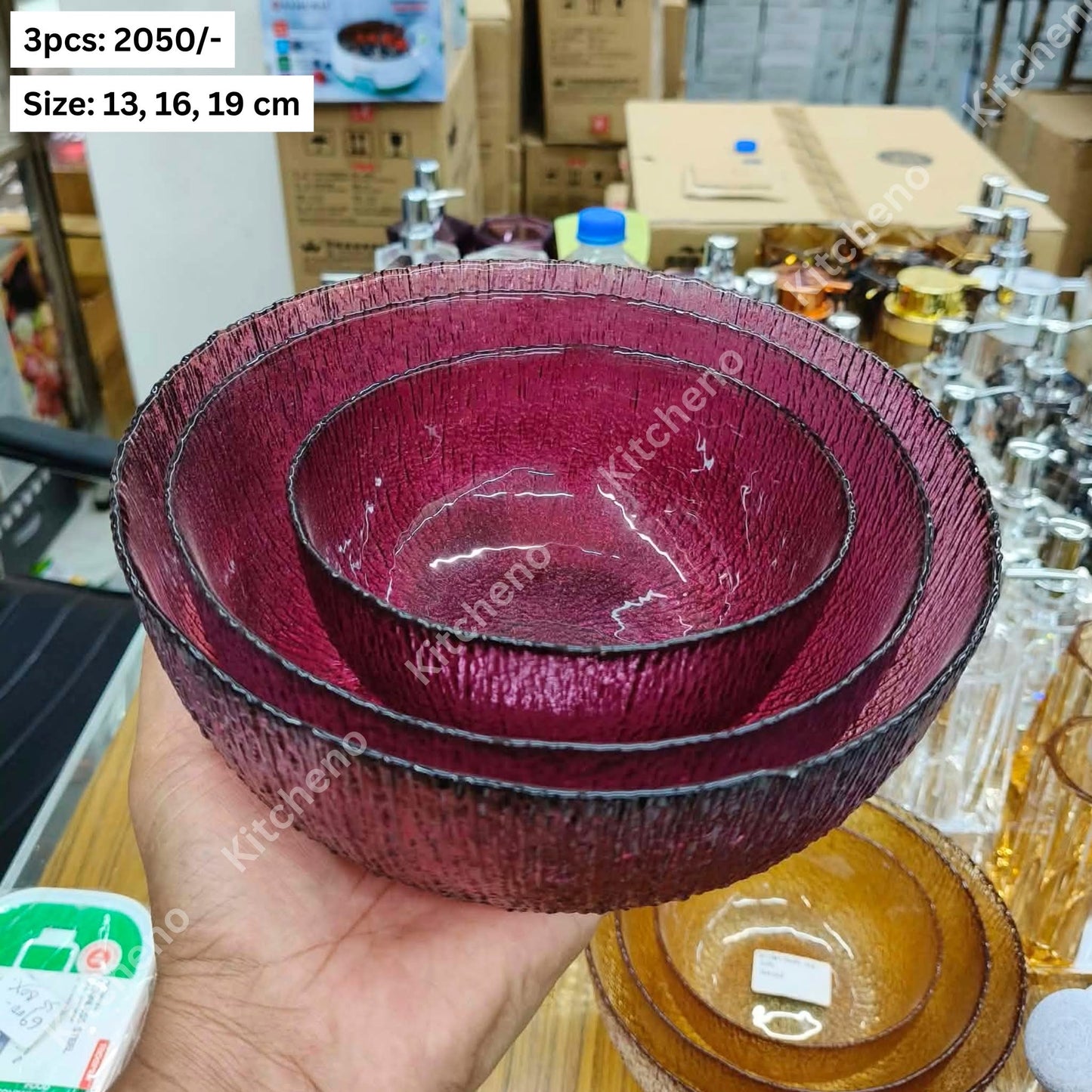 Textured Colored Glass 3 Pcs Salad Bowl Set