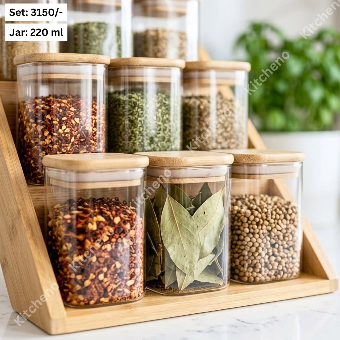 Tempered Glass Spice Jar Set with Bamboo Wooden Lid