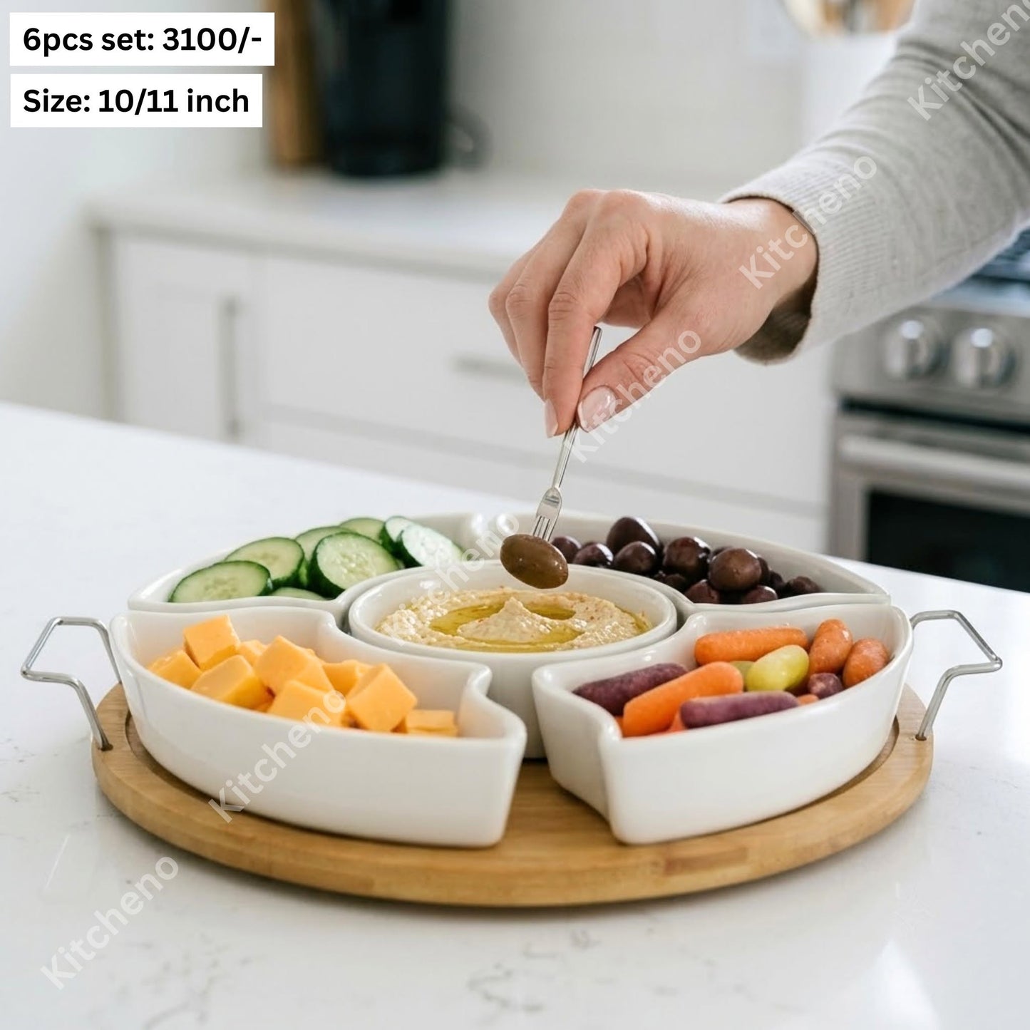 Ceramic Divided Serving Dish Set with Bamboo Tray
