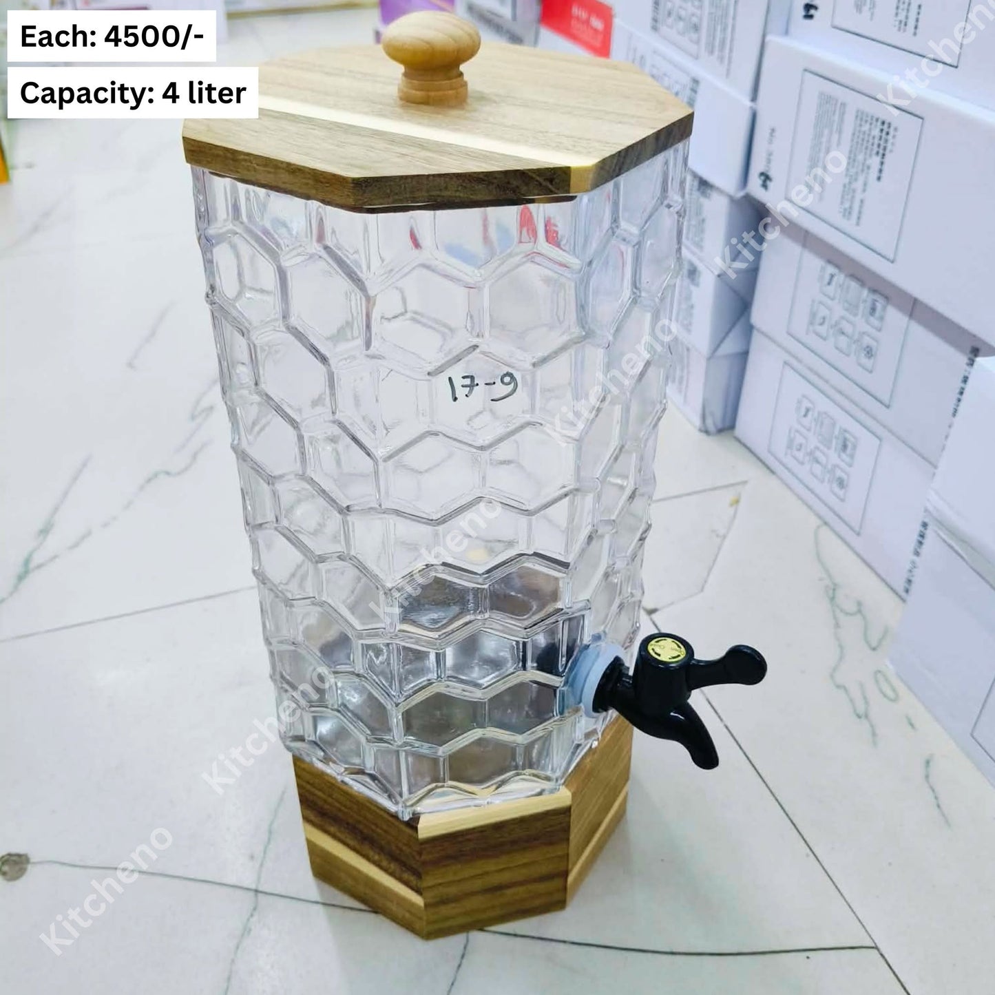 Honeycomb Glass Beverage Dispenser with Wooden Lid & Faucet Tap