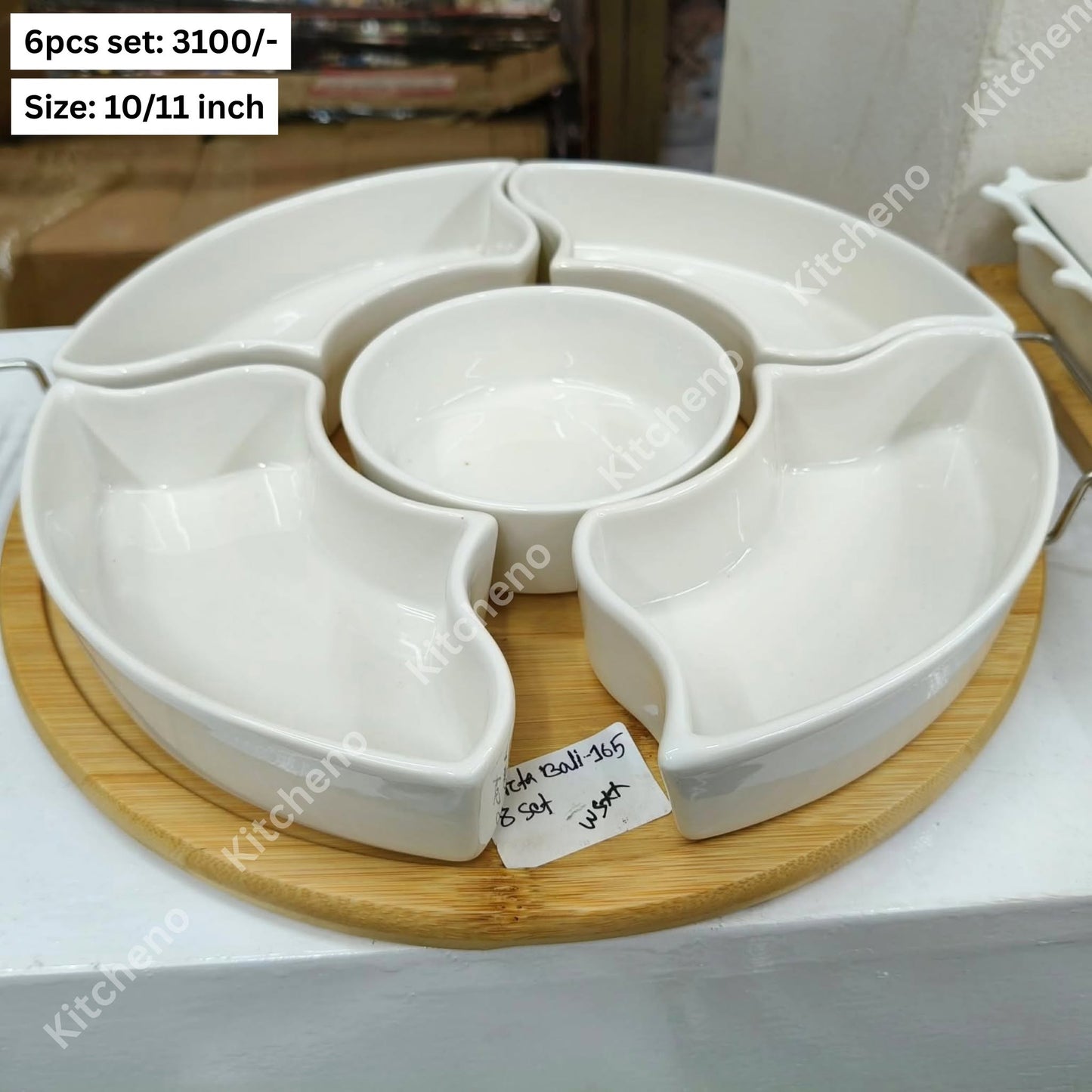 Ceramic Divided Serving Dish Set with Bamboo Tray