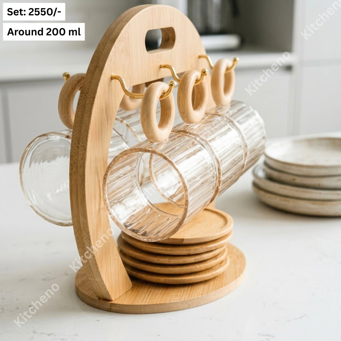 Elegant Tea & Coffee Cup Set with Bamboo Stand