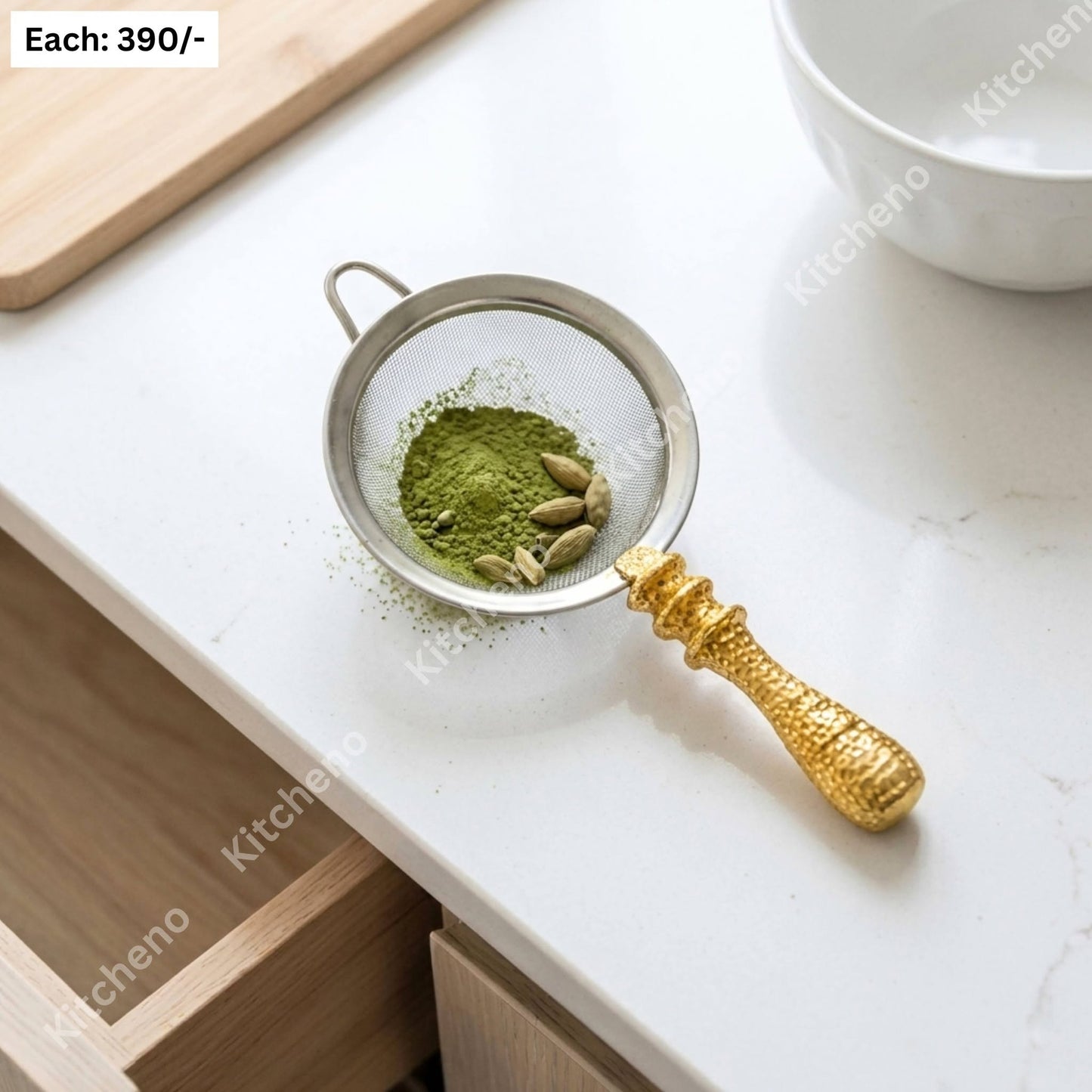 Premium Fine-Mesh Tea Strainer with Decorative Textured Gold Handle