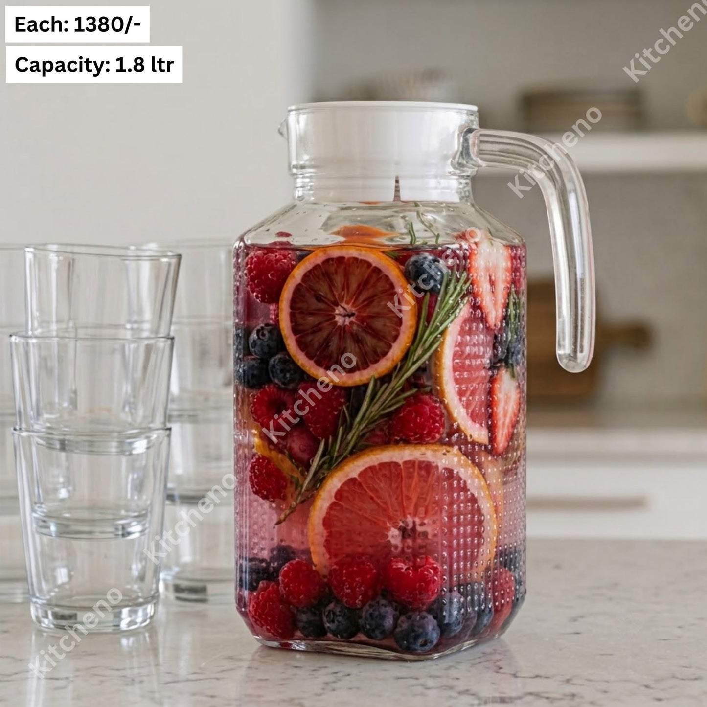 Large 1.8L Square Textured Glass Water Jug with Handle and Lid