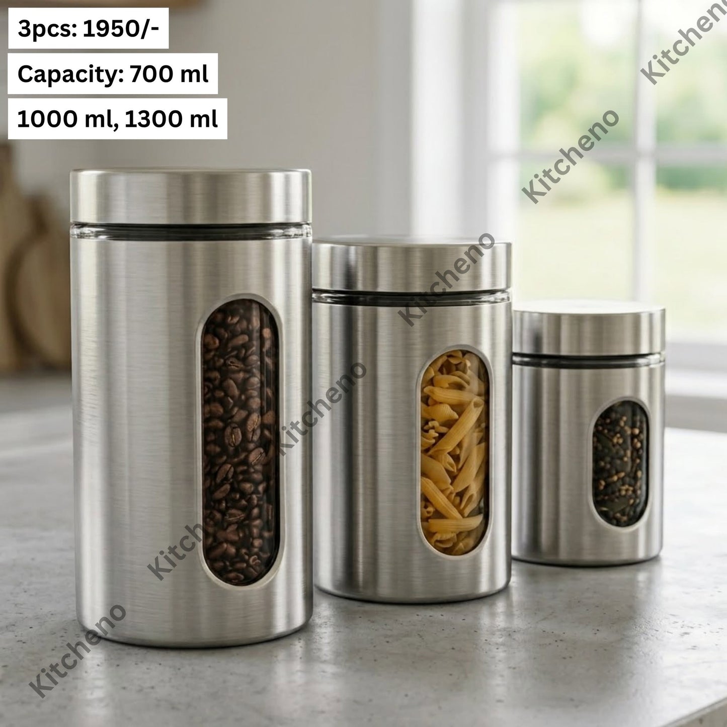 Stainless Steel Kitchen Canister Set with Glass Viewing Windows