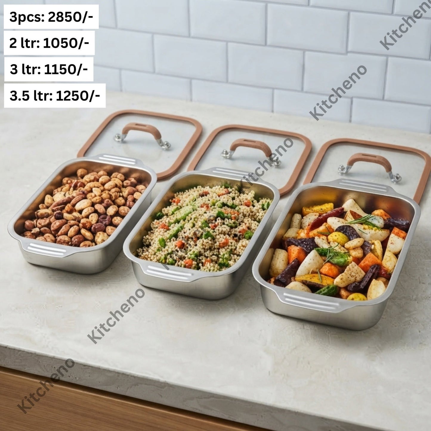 Premium 3-Piece Stainless Steel Oven-to-Table Serving Set with Tempered Glass Lids