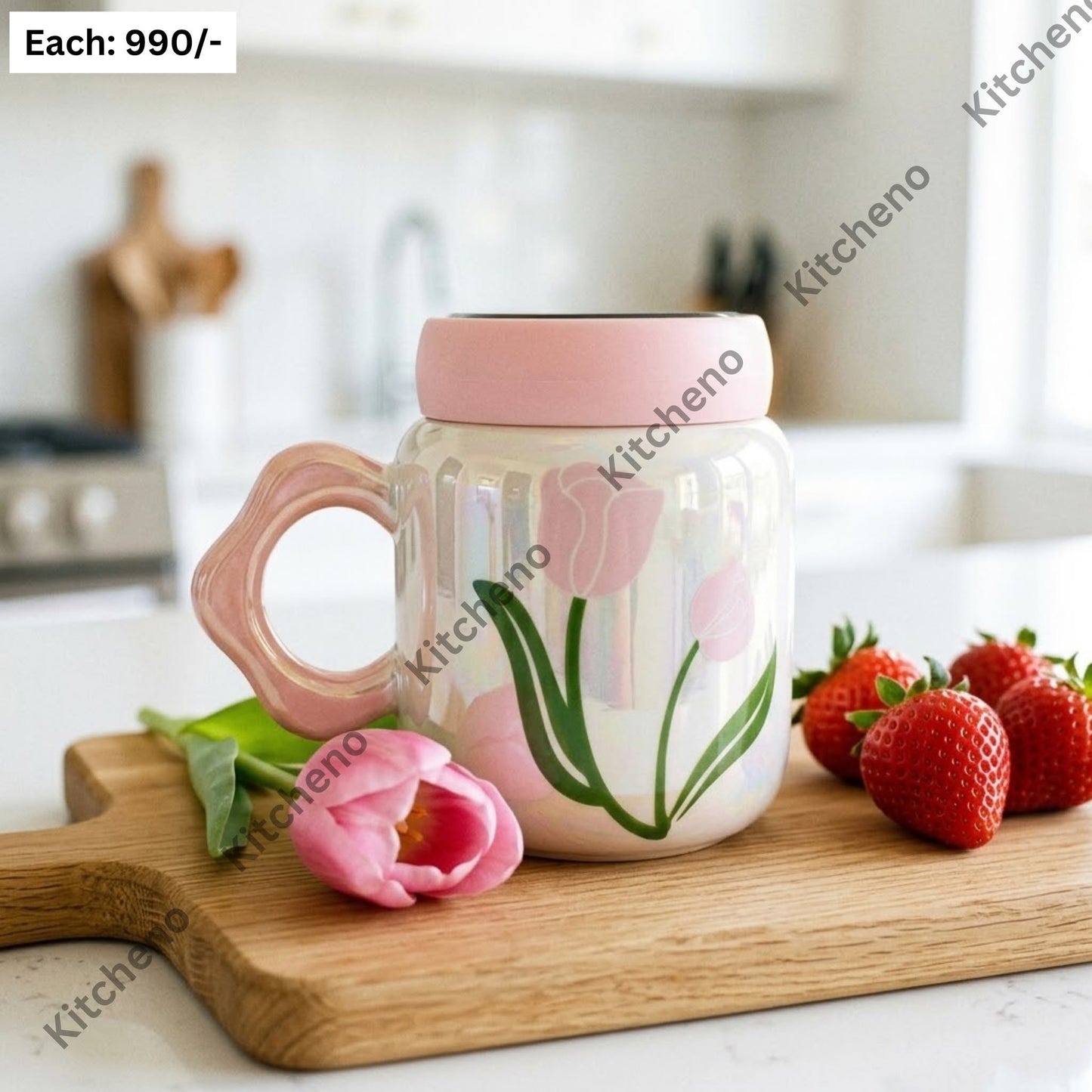 Floral Tulip Ceramic Travel Mug with Sealing Glass Lid