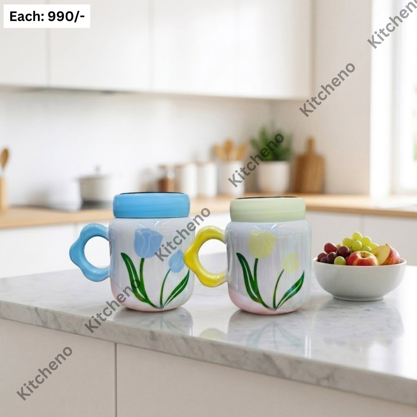 Floral Tulip Ceramic Travel Mug with Sealing Glass Lid