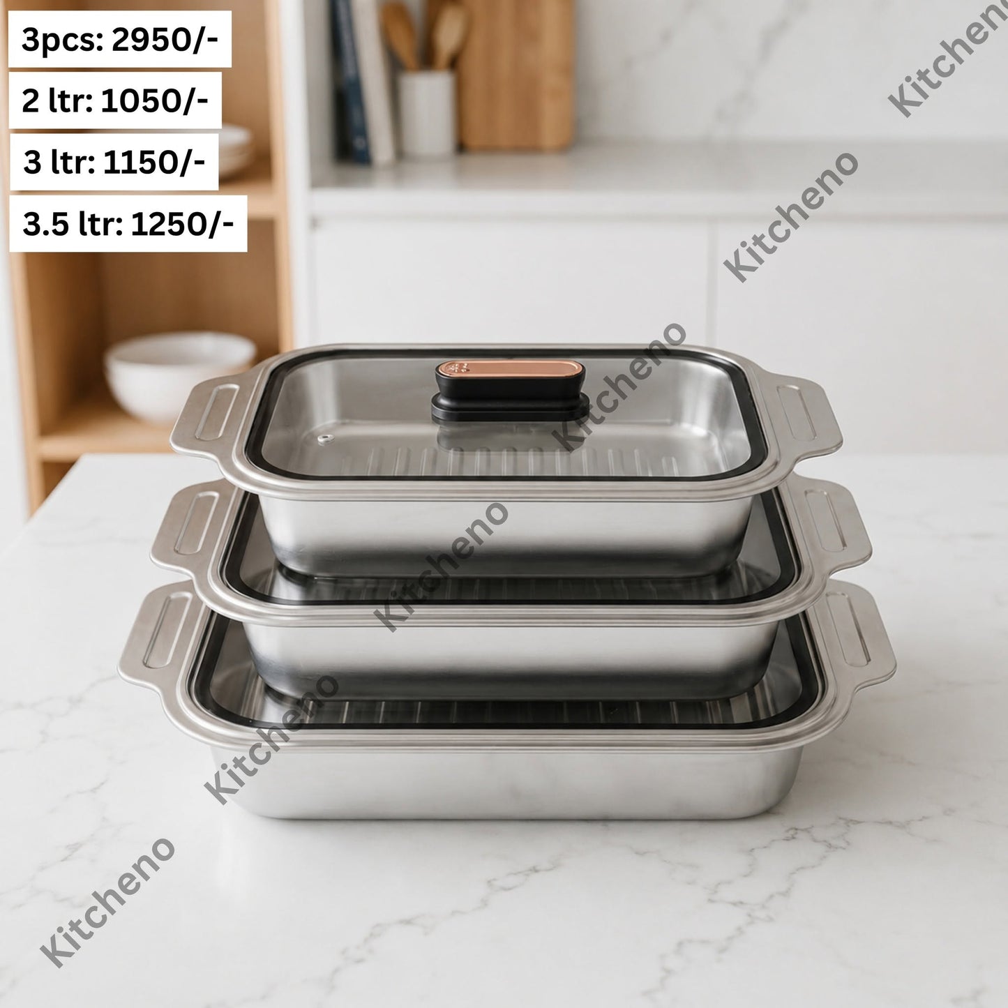 Ovenproof Stainless Steel Serving Dish Set with Tempered Glass Lids